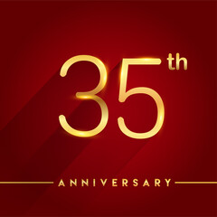 Fototapeta na wymiar Celebrating of 35 years anniversary, logotype golden colored isolated on red background, vector design for greeting card and invitation card