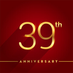 Celebrating of 39th years anniversary, logotype golden colored isolated on red background, vector design for greeting card and invitation card