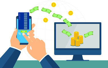 Online shopping and Mobile payment online service, computer and smart phone with banking payment app. Internet banking.