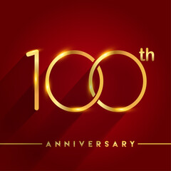 Celebrating of 100 years anniversary, logotype golden colored isolated on red background, vector design for greeting card and invitation card