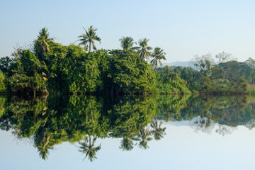 Beautiful landscape with reflection of River Kwai in Kanchanaburi Thailand