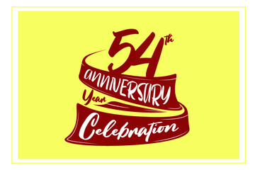 54 year anniversary Red Ribbon, minimalist logo, greeting card. Birthday invitation. Red space vector illustration on yellow background - Vector