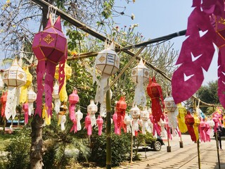 Beautiful Lanna colorful lantern, traditional northern Thai style decorative at house and temple 