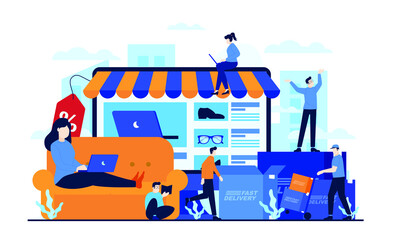 Online market, online shop app for computer and web version concept illustration flat design