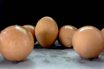 Fresh chicken egg on table with copy space