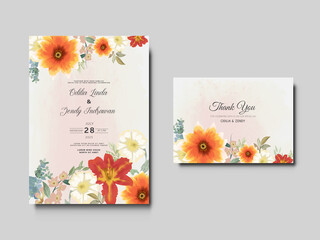 wedding invitation card with elegant flower and leaves