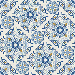 Seamless Damask pattern. Majolica pottery tile, blue, white and gold azulejo, original traditional Portuguese and Spain decor. Seamless pattern with Victorian motives. Vector illustration.