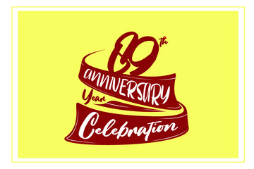 89 year anniversary Red Ribbon, minimalist logo, greeting card. Birthday invitation. Red space vector illustration on yellow background - Vector