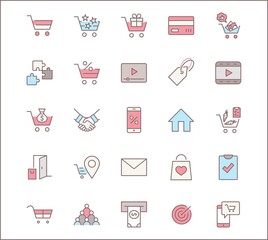 Shopping Cart Vector Line Icons Set: Money, ATM, List Products, Vegetables, Bank Card, Terminal, Bag, Favorite Shopping, Gifts, Express Checkout, Mobile Shop and more. Editable Stroke. 32x32 Pixel