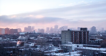 Plateau district of Montreal from 10th floor looking towards hazy morning Down Town