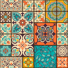 Seamless colorful patchwork tile with Islam, Arabic, Indian, ottoman motifs. Majolica pottery tile. Portuguese and Spain decor. Ceramic tile in talavera style. Vector illustration.
