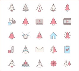 Christmas Tree thin line icon set. Stylized linear icons of artificial snow, spruce, present box fir. Editable Stroke. 32x32 Pixel Perfect