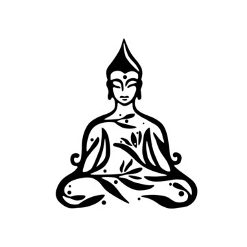 Buddha decorative drawing. Sitting or meditating buddah statue. Vector illustration of budha isolated on white.