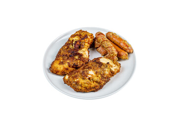 Burnt Grill Fried Chicken Breast Fillets with Sausages on White Plae Isolated.