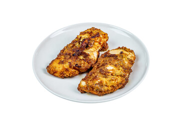 Burnt Grill Fried Chicken Breast Fillets on White Plae Isolated.