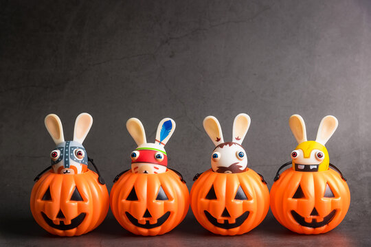 Bangkok, Thailand - October, 25, 2019  : Halloween pumpkins with Rabbids Invasion.Decorations for Halloween scary beautiful in the holiday season at Bangkok, Thailand