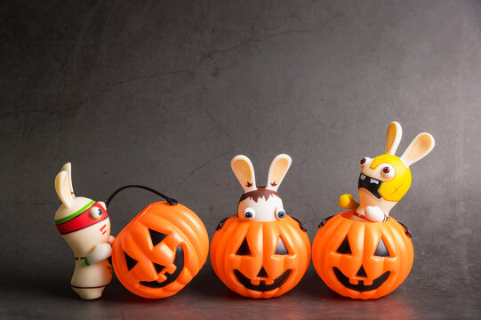 Bangkok, Thailand - October, 25, 2019  : Halloween pumpkins with Rabbids Invasion.Decorations for Halloween scary beautiful in the holiday season at Bangkok, Thailand