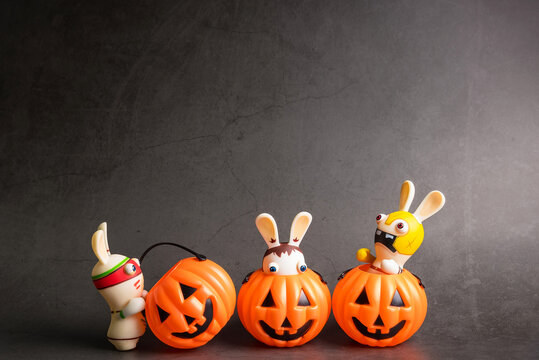 Bangkok, Thailand - October, 25, 2019  : Halloween pumpkins with Rabbids Invasion.Decorations for Halloween scary beautiful in the holiday season at Bangkok, Thailand