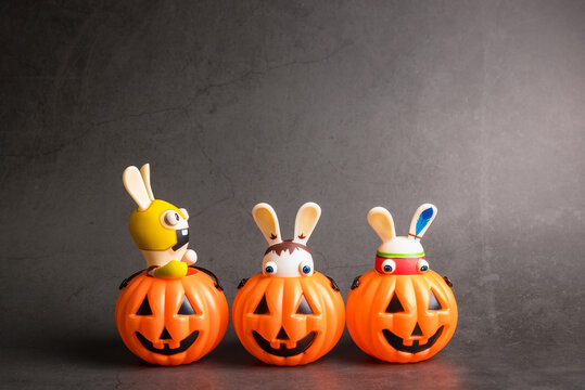 Bangkok, Thailand - October, 25, 2019  : Halloween pumpkins with Rabbids Invasion.Decorations for Halloween scary beautiful in the holiday season at Bangkok, Thailand