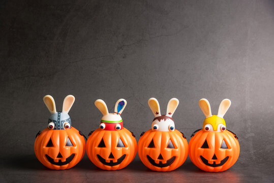Bangkok, Thailand - October, 25, 2019  : Halloween pumpkins with Rabbids Invasion.Decorations for Halloween scary beautiful in the holiday season at Bangkok, Thailand