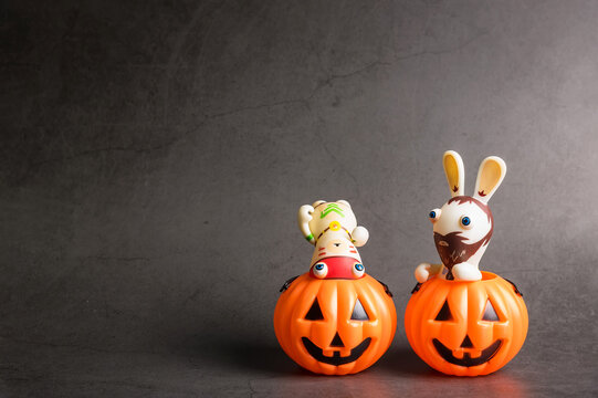 Bangkok, Thailand - October, 25, 2019  : Halloween pumpkins with Rabbids Invasion.Decorations for Halloween scary beautiful in the holiday season at Bangkok, Thailand