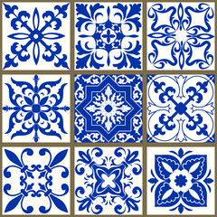 Collection of 9 colorful tiles. Seamless patchwork tile with Islam, Arabic, Indian, Ottoman motives. Majolica pottery tile, blue and white azulejo, original traditional Portuguese and Spain decor.