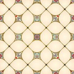 Seamless colorful patchwork tile with Islam, Arabic, Indian, Ottoman motifs. Majolica pottery tile. Portuguese and Spain decor. Azulejo. Ceramic tile in talavera style. Mosaic tile