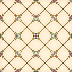 Naklejka premium Seamless colorful patchwork tile with Islam, Arabic, Indian, Ottoman motifs. Majolica pottery tile. Portuguese and Spain decor. Azulejo. Ceramic tile in talavera style. Mosaic tile