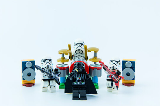 Nonthaburi, Thailand - February, 16, 2017 : Lego star wars stormtrooper and Lego darth vader playing music band on white background copy space.Band of musicians.Nonthaburi, Thailand.