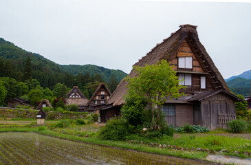 Fototapeta na wymiar Tradicional houses, constructed in the architectural style known as gasshō-zukuri, in Shirakawa-go, Gifu region, Japan