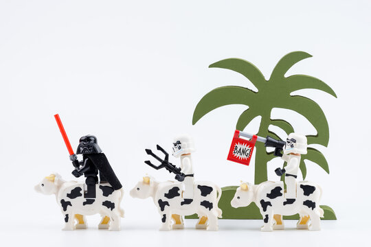 Nonthabure, Thailand - May, 17, 2017 : Lego Darth Vader and Lego stormtrooper riding a cow shooting fake bang isolated on white background.