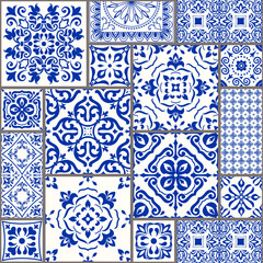 Seamless patchwork tile with Victorian motives. Majolica pottery tile, colored azulejo, original traditional Portuguese and Spain decor. Trend illustration for print wallpaper, fabric, paper and more
