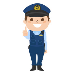 手でグッドサインを出している笑顔の男性警察官のイラスト。