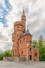 Fototapeta na wymiar View of Goethe look tower, a famous observatory in Karlovy Vary (Karlsbad), Czech Republic