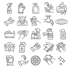 Sanitation icons set. Outline set of sanitation vector icons for web design isolated on white background