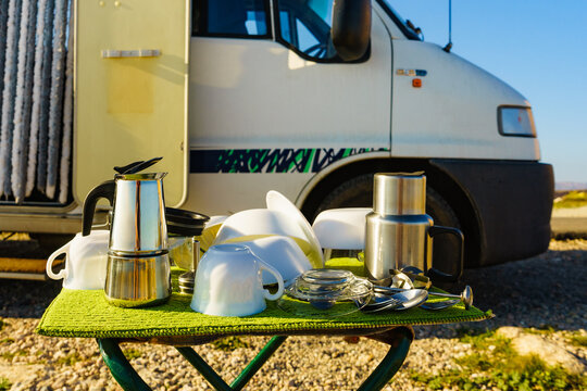 Clean Dishes Drying On Fresh Air, Capming Outdoor