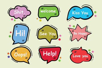 Print speech baloon with diferrent text.hand drawn full colour background