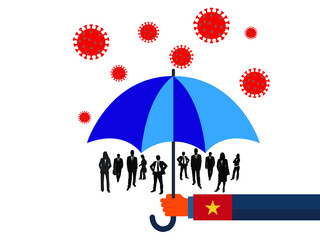 Business people vector flat illustration during Coronavirus Covid-19. Coronavirus infection control. Immune system protectio, support. 
Vietnam government protection with umbrella