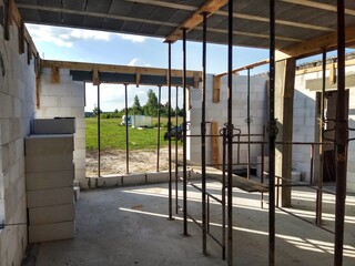 Building of detached house in Poland. Construction of detached house. House construction site. Construction of walls. Aerated concrete blocks. Inside of builded house.