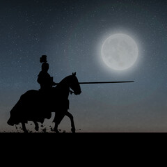 A Mounted Warrior Under The Moonlight 