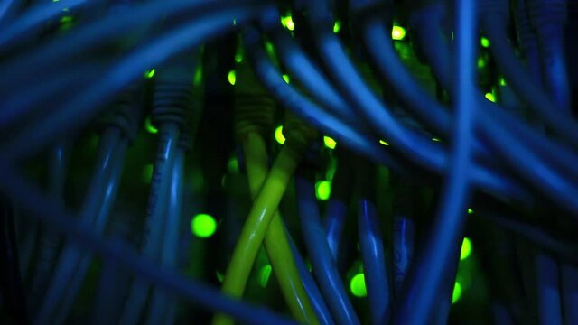 Working Ethernet switch close up. Blinking LED. 10/100/1000 Mpbs speed. Fully loaded and working fast. Top technology clip.