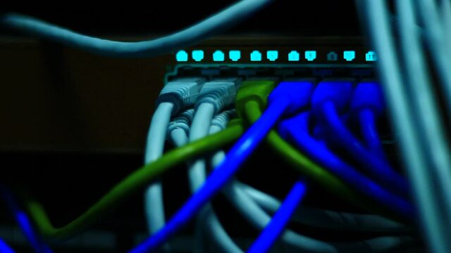 Working Ethernet switch close up. Blinking LED. 10/100/1000 Mpbs speed. Fully loaded and working fast. Top technology clip.