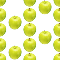 Pattern of green apples on a white background. Isolated fruits. Image for fabric, wallpaper and wrapping paper