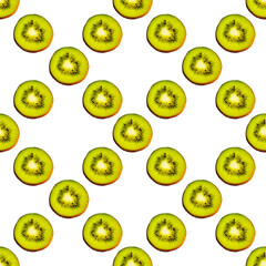 Seamless endless pattern of juicy green slices of kiwi fruit isolated on white background. Design for wrapping paper, fabric and wallpaper