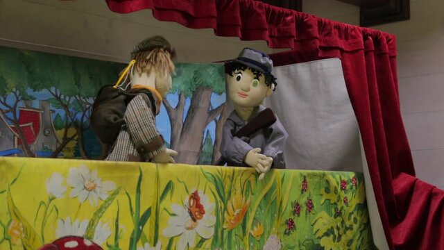 Puppet show theater for children stuffed toys two fisherman boys