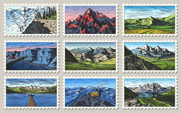 Vintage Post stamps set. Etching mountain landscapes. Retro old Mount Sketch. Monochrome Postcard. Hand drawn engraved retro mark, frames for print banner, poster and logo. 