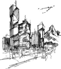 hand drawn architectural sketch of a modern city with high buildings and people in the streets