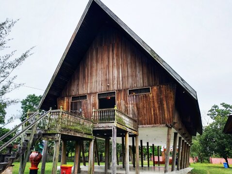 Betang house typical custom of Indonesian Dayak Kalimantan. Pangkalan Bun, Indonesia, June 1, 2020.