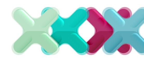Glossy multicolored plastic style cross composition, x shape design, techno geometric modern abstract background. Trendy abstract layout template