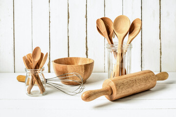 Still life with wood utensils on wood table background, Wood kitchenware on table